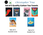 Set of 3 Christopher Vine Design 100% Cotton Tea Towels 50 x 70 cm - Koala Fun