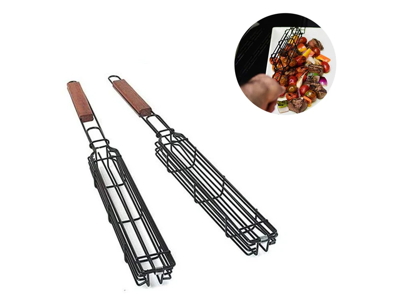 Barbecue Grill Basket Non-Stick Single Kabob Kebab Baskets BBQ Skewers Square Grill Mesh with Wooden Handle for Fried Vegetables Sausage Meat 2Pcs