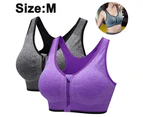 2 pcs Zipper in Front Sports Bra High Impact Strappy Back Support - Purple