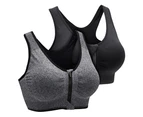 2 pcs Zipper in Front Sports Bra High Impact Strappy Back Support - Black