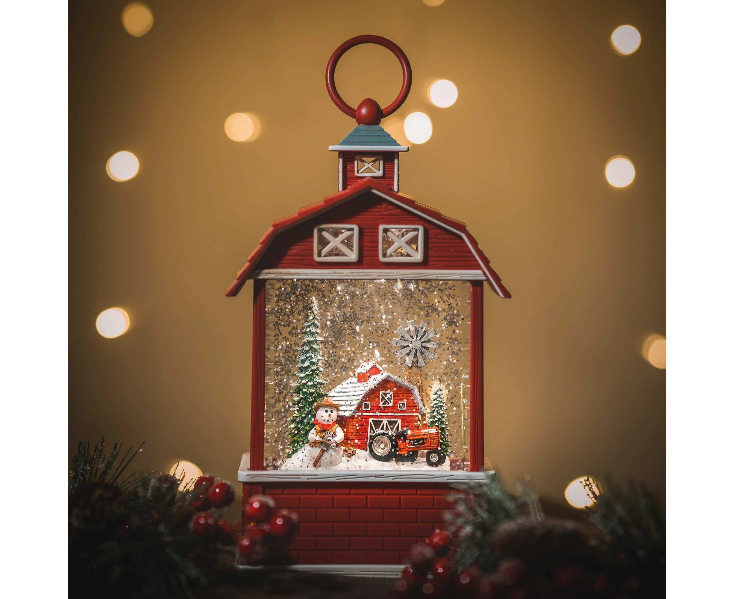 Snowing Barn Christmas Lantern - Snowman