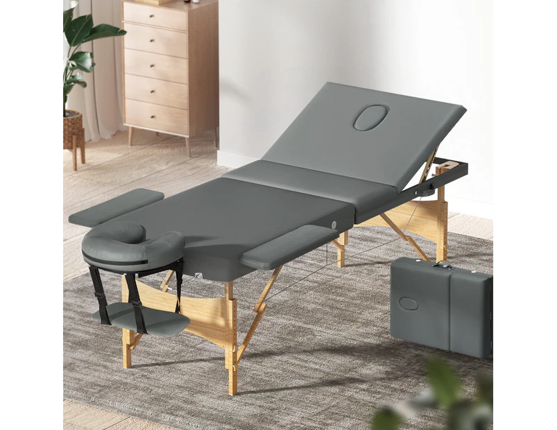 Zenses Massage Table 75cm Portable 3 Fold Wooden Beauty Bed Grey