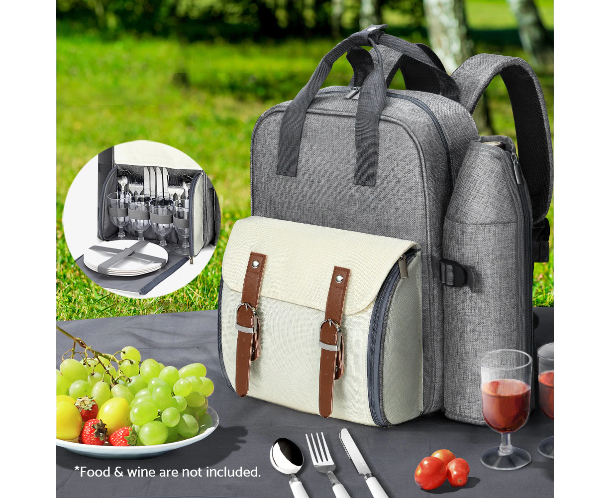 Alfresco 4 Person Picnic Basket Set Backpack Bag Insulated Grey