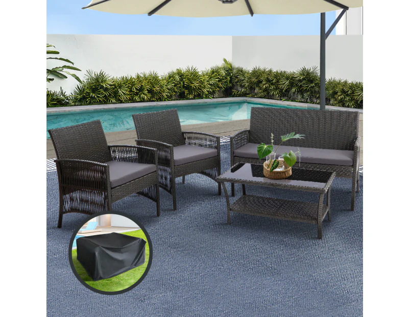 Gardeon 4PCS Outdoor Sofa Set with Storage Cover Wicker Harp Chair Table Grey