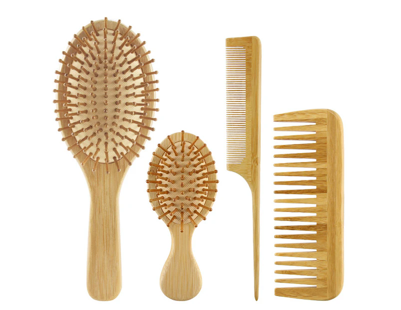 4 Piece Bamboo Hair Brush and Comb Set with Paddle Detangling Hairbrush  Natural Wide-tooth and tail comb No Bristle, suit for Women Men and Kids  Thick/Thin .au