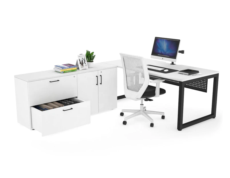 Quadro Loop Executive Setting - Black Frame [1600L x 800W with Cable Scallop] - white, black modesty, 2 drawer 2 door filing cabinet