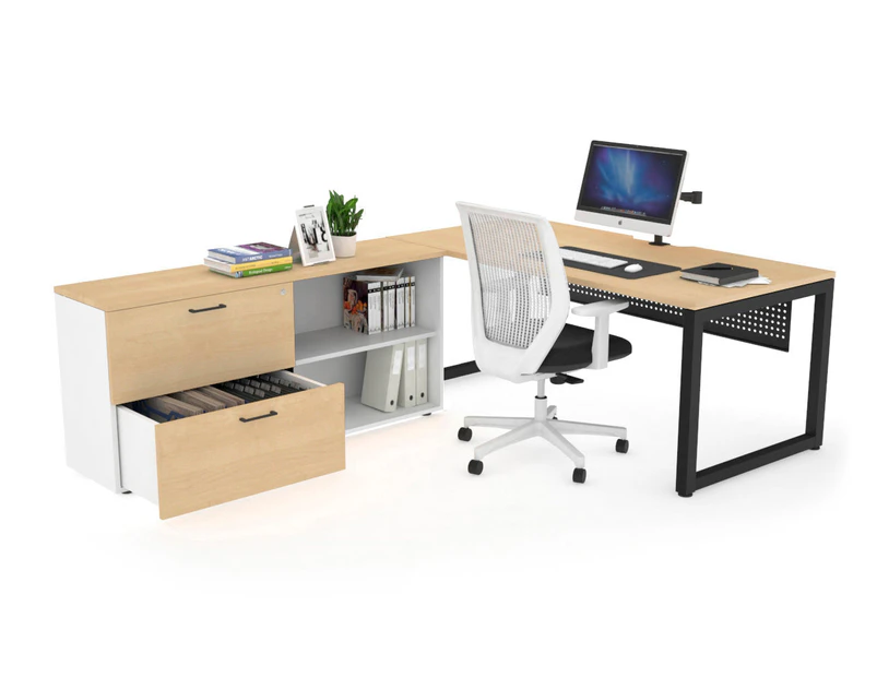 Quadro Loop Executive Setting - Black Frame [1600L x 800W with Cable Scallop] - maple, black modesty, 2 drawer open filing cabinet