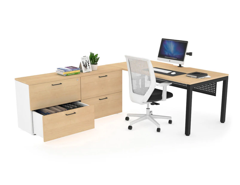 Quadro Square Executive Setting - Black Frame [1600L x 800W with Cable Scallop] - maple, black modesty, 4 drawer lateral filing cabinet
