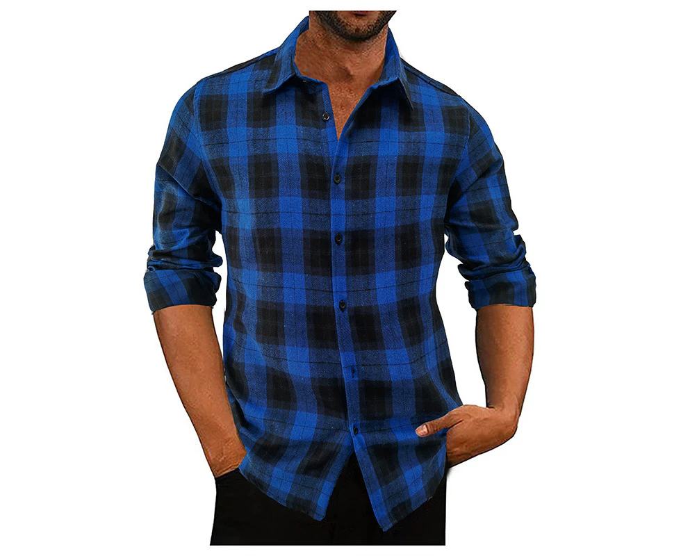 WeMeir Men's Plaid Flannel Shirts Jackets Casual Long Sleeve Button Down Medium Weight Shirts for Men - Blue