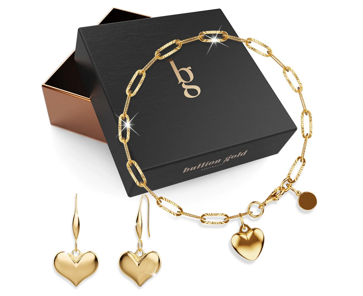 Boxed Golden Heart Earrings and Bracelet Set