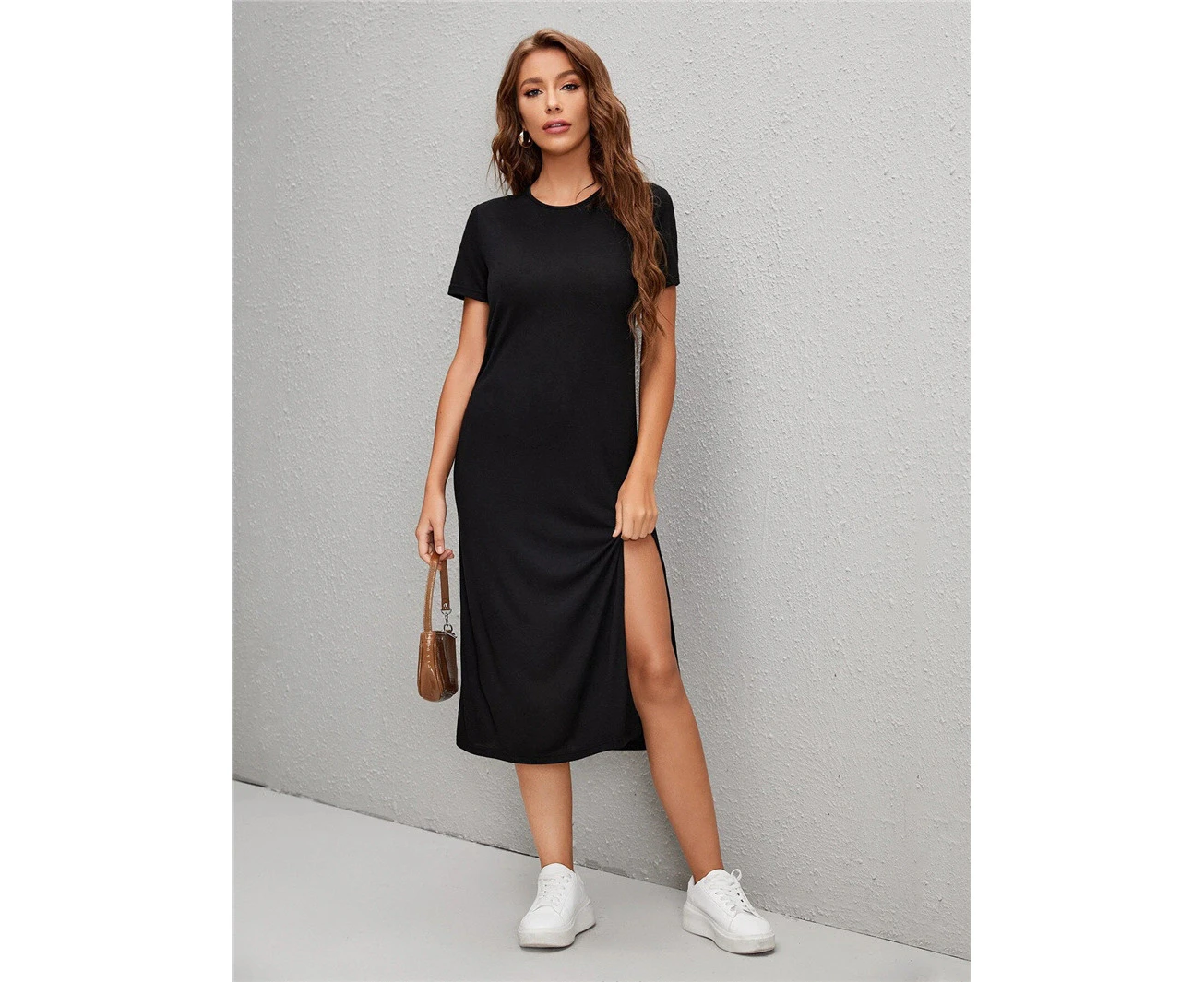 Bonivenshion Women's Plain Short Sleeve Crewneck Side Split Maxi Dress - Black