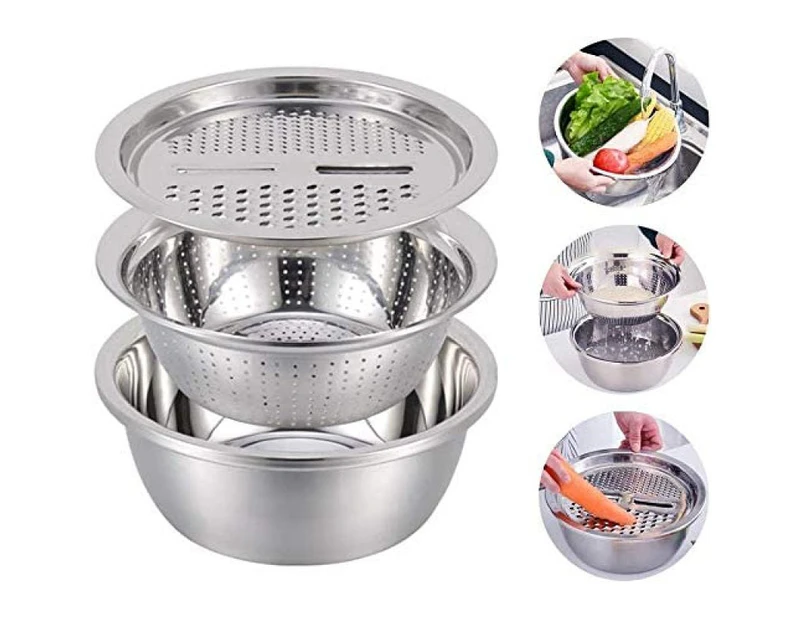 Multifunctional stainless steel basin, stainless steel sieve set, 3-part, kitchen sieve, multifunctional