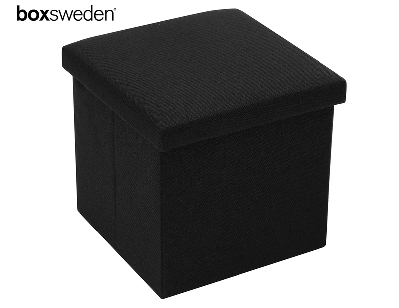 BoxSweden 38cm Ottoman Faux Linen Storage Cube - Black