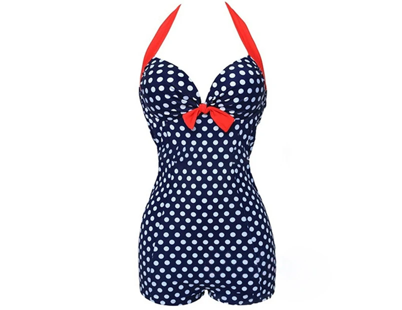 Women One-piece Bathing Suit Dotted Beachwear Push Up Monokini Swimsuit Swimwear-Blue