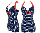 Women One-piece Bathing Suit Dotted Beachwear Push Up Monokini Swimsuit Swimwear-Blue