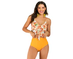 Women Padded Ruffled Hem Bra High Waist Floral Print Briefs Bikini Swimsuit-Yellow 1