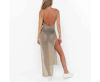 Sexy Women Solid Color See Through Sleeveless Side Split Bodycon Long Dress-Golden