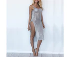 Sexy Women Solid Color See Through Sleeveless Side Split Bodycon Long Dress-Silver