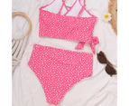 Fresh Floral Print Cross Bandage Bikini Suit Skinny Women Spaghetti Straps Bra High Waist Panties Swimsuit for Vacation-Pink