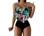 Adjustable Straps Padded Beach Bikini Two Pieces Leaf Print Bra High Waist Briefs Swimwear for Water Activity-Green