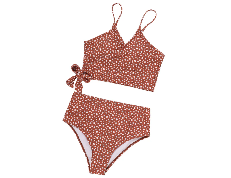 Fresh Floral Print Cross Bandage Bikini Suit Skinny Women Spaghetti Straps Bra High Waist Panties Swimsuit for Vacation-Brown
