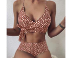 Fresh Floral Print Cross Bandage Bikini Suit Skinny Women Spaghetti Straps Bra High Waist Panties Swimsuit for Vacation-Brown