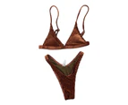Ribbed Adjustable Straps Sexy Bikini Two Pieces Triangle Micro Bra High Waist Panties Swimwear for Water Activity-Brown
