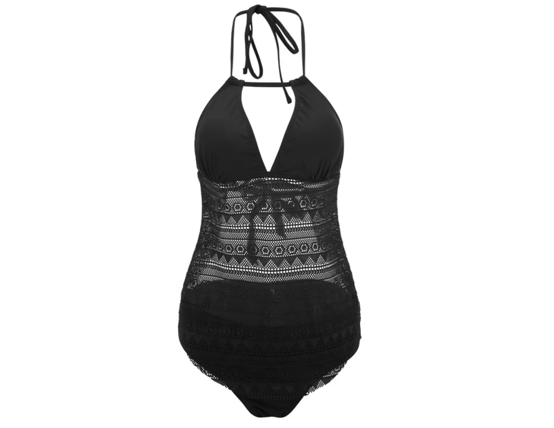 V-neck Padded Summer Swimsuit Beachwear Halter Mesh Top Low Waist Briefs Bathing Suit for Vacation-Black