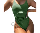 U-neck Adjustable Shoulder Straps Women Monokini Padded Side Drawstring Ribbing One Piece Swimsuit for Beach-Green