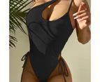 Push Up Swimsuit One Shoulder Polyester Deep V Neck Women Monokini for Vacation-Black