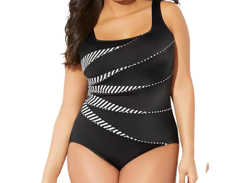 U-neck Wide Shoulder Straps Women Monokini Plus Size Sexy Push Up Gradient Print Bodysuit Swimsuit for Beach-Black