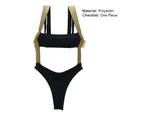 Elastic Band Back Buckle Sexy Monokini Wide Shoulder Straps Women Solid Color Bandeau Beach Swimsuit for Pool-Black