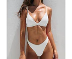 Spaghetti Straps Padded Sexy Bikini Skinny Triangle Bra High Waist Briefs Swimsuit for Beach-White