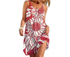 O-neck Sleeveless Flowy Hem Women Dress Sunflower Print Beach Sling Dress for Travel-Red