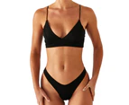 Spaghetti Straps Padded Summer Bikini Two Pieces Micro Triangle Bra High Waist Thong Swimwear for Swimming Pool-Black
