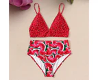 Spaghetti Straps Watermelon Pattern Summer Bikini Two Pieces Triangle Micro Bra High Waist Panties Swimwear for Water Activity-Red