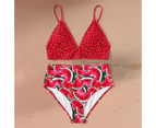 Spaghetti Straps Watermelon Pattern Summer Bikini Two Pieces Triangle Micro Bra High Waist Panties Swimwear for Water Activity-Red