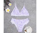 Ruffle Trim Spaghetti Straps V-neck Bikini Suit Women Leaf Print Bra Bowknot Briefs Swimwear for Water Activity-Purple