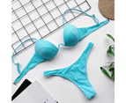 Spaghetti Straps Padded Underwire Sexy Bikini Triangle Bra High Waist Briefs Swimsuit for Water Activity-Blue