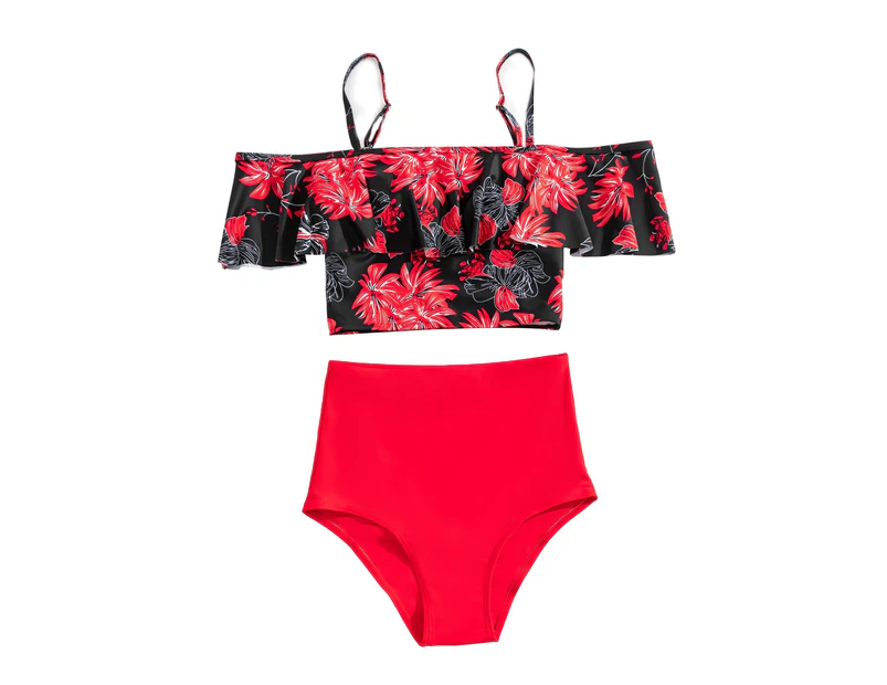 Swimsuit Floral Printing Ruffle Edging Splicing Off Shoulder Bathing Suit for Beach-Red