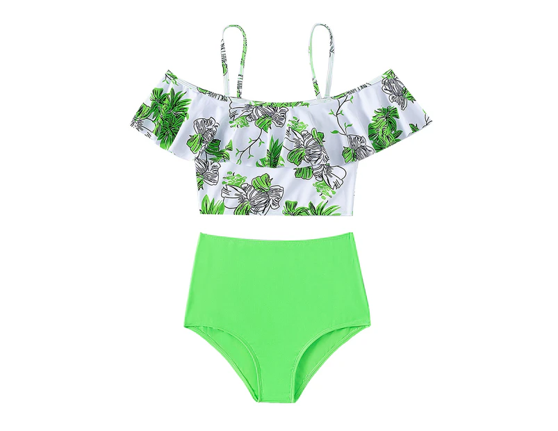 Swimsuit Floral Printing Ruffle Edging Splicing Off Shoulder Bathing Suit for Beach-Green