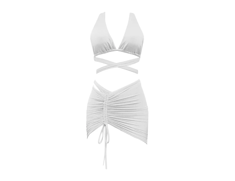 Women Swimwear Solid Color Bandage Three-piece Wire Free Sexy Bikini for Swimming-White