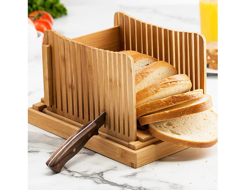 Bread Slicer with Crumb Tray Compact Foldable Adjustable Thickness Manual Evenly Slicing Bamboo Plug in Bread Slicing Guide Kitchen Gadget-Wooden Color