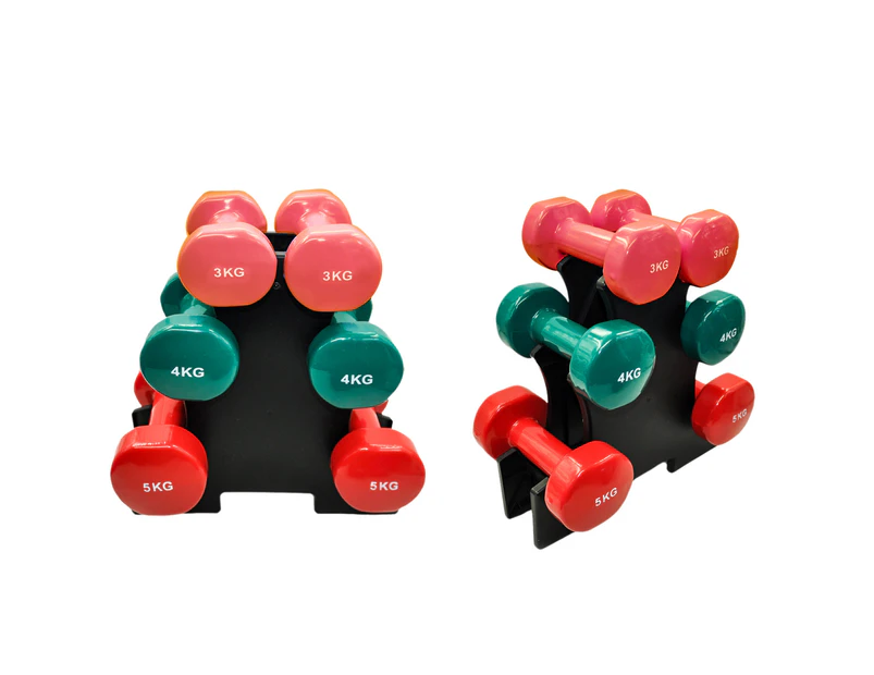 3 Pairs PVC Dumbbell Set Weight - 3kg + 4kg + 5kg - Total 24kg With 1 Free Rack