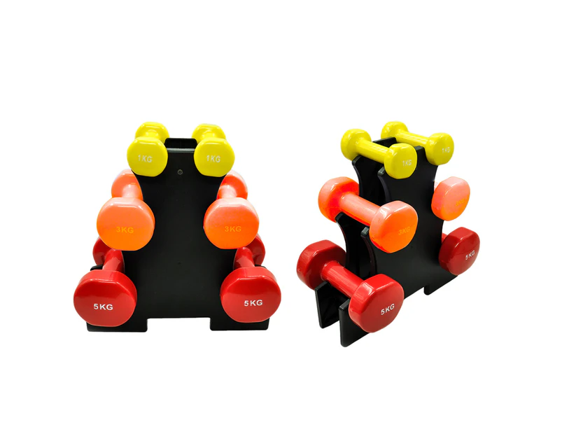 3 Pairs PVC Dumbbell Set  - 1kg + 3kg + 5kg With Free Rack - Total 18kg Weights