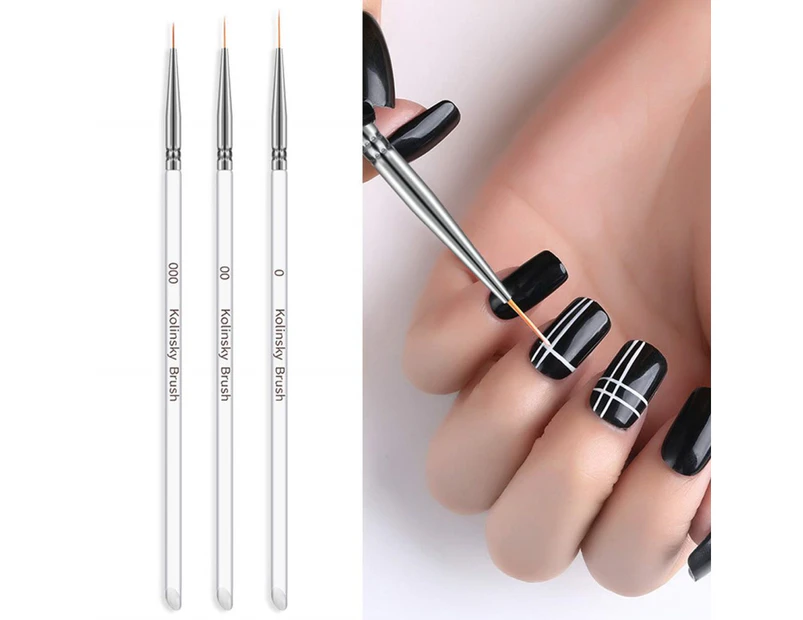 3pcs Professional Nail Art Brush Set Liner Pens Striping Brushes for Short Strokes, Details, Blending, Elongated Lines etc