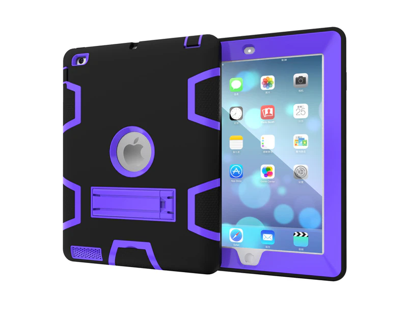 MCC Stylish Shockproof iPad 2 3 4 Case Cover Heavy Duty Kids 3-in-1 Apple [Black+Purple]
