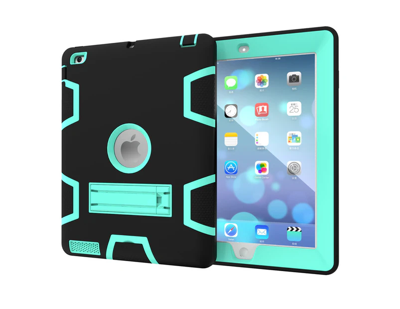 MCC Stylish Shockproof iPad 2 3 4 Case Cover Heavy Duty Kids 3-in-1 Apple [Black+Light Blue]