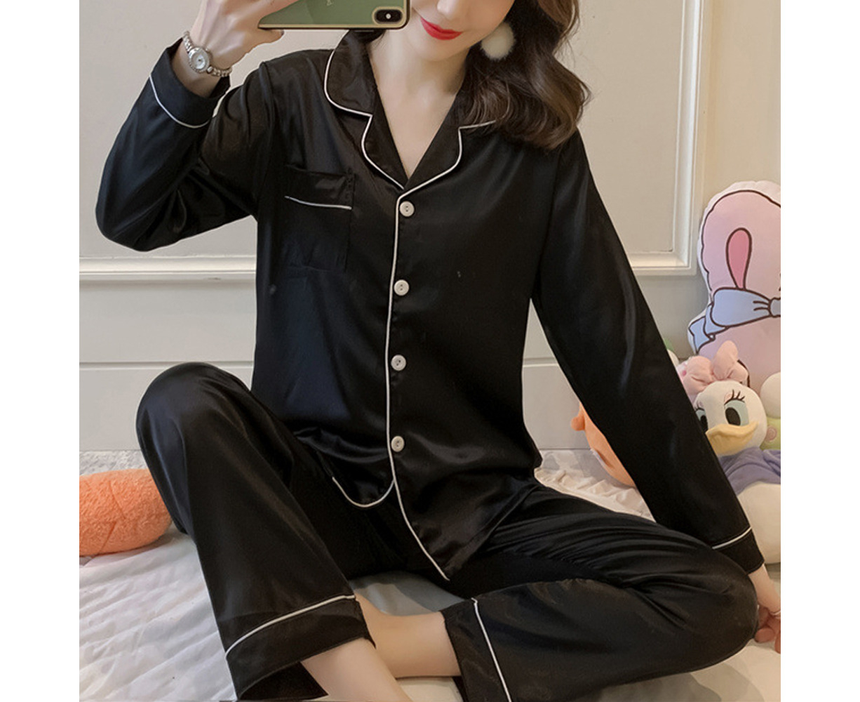 Women Satin Pyjamas Set Loungewear Silk Long Sleeve Soft Nightwear - Black