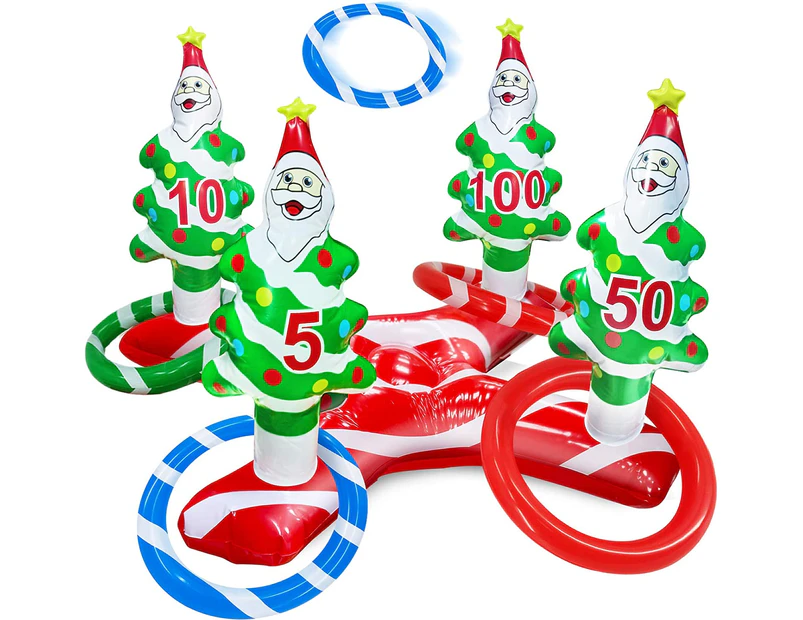 Giant Inflatable Christmas Tree Ring Toss Party Game Toys Kids Adults Family Stocking Stuffers  Supplies Favors(4 Score Santa Base, 4 Rings-Random Color)